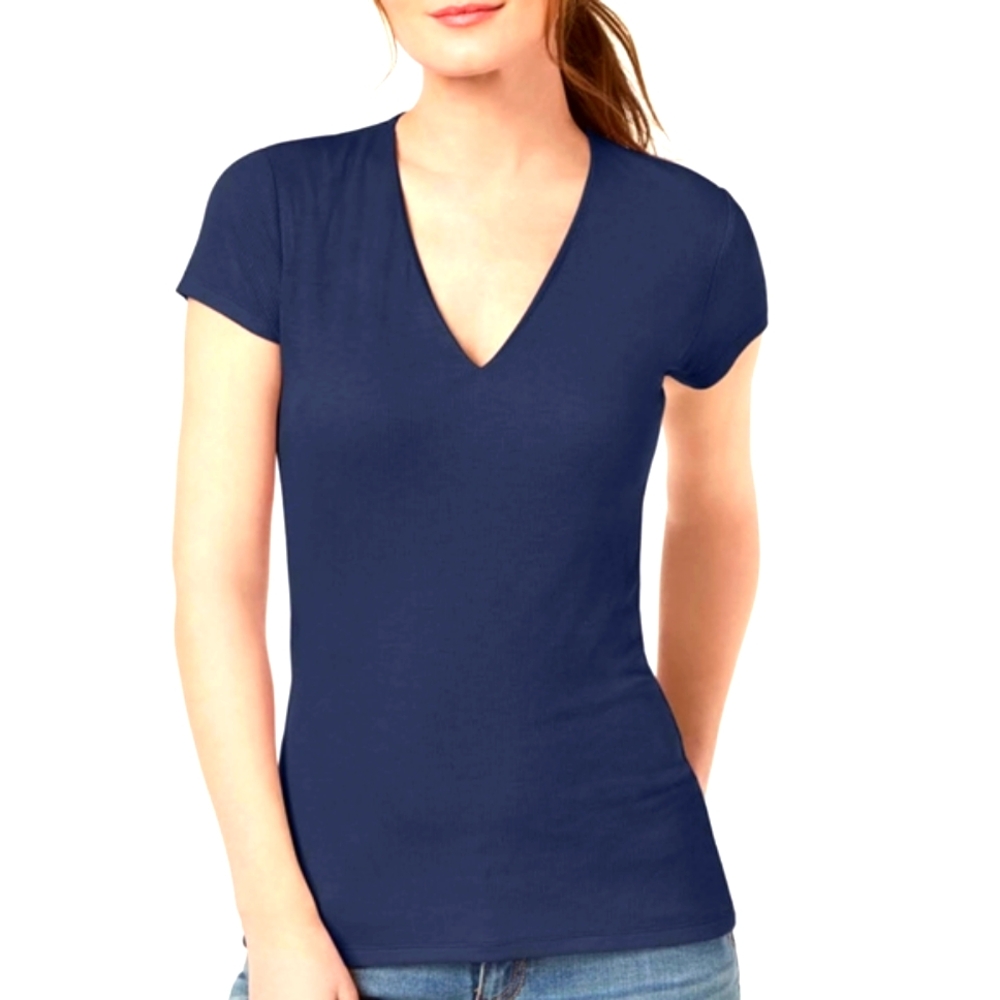 INC navy blue ribbed v neck tee,NEW